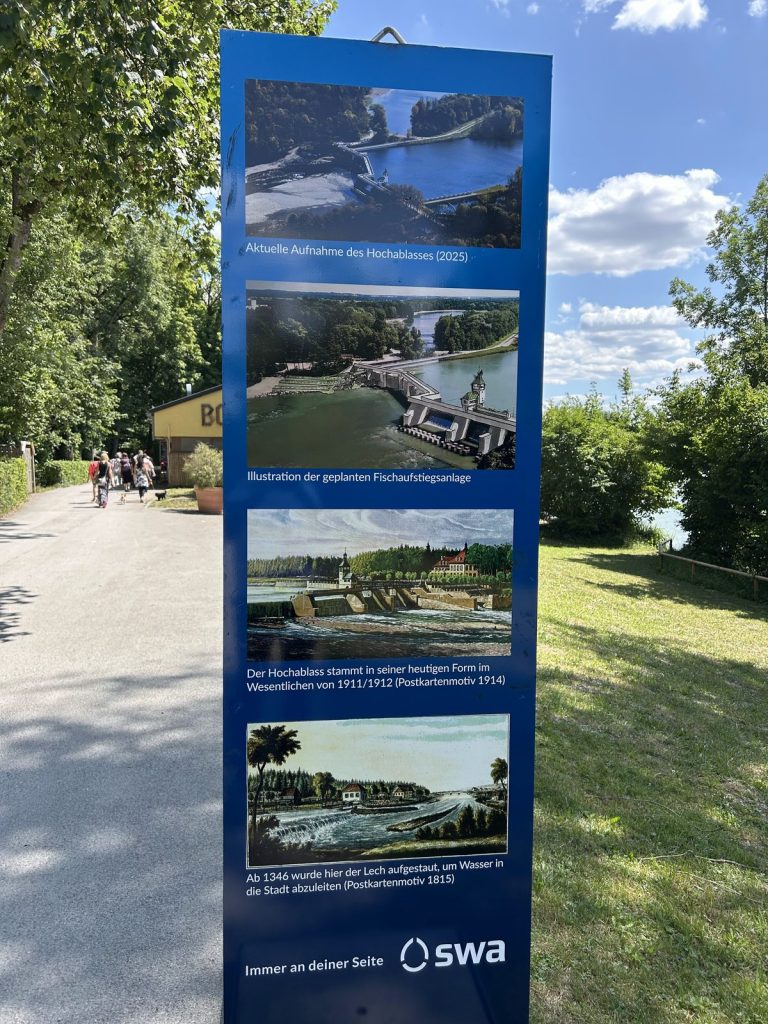Fischtreppe am Hochablass: swa planen Fischaufstiegsanlage Infotafel zur Geschichte des Hochablasses
